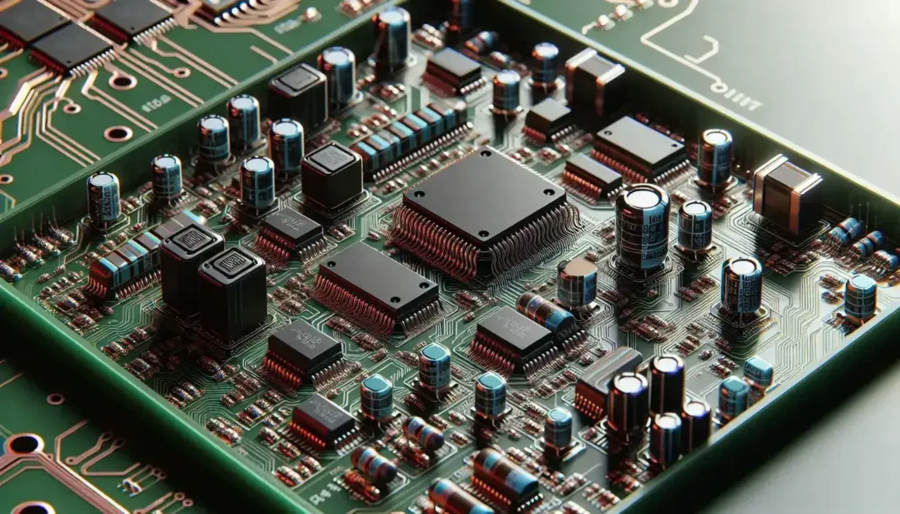 Close-up of a modern printed circuit board with electronic components such as integrated circuits, resistors, capacitors and diodes on copper traces.