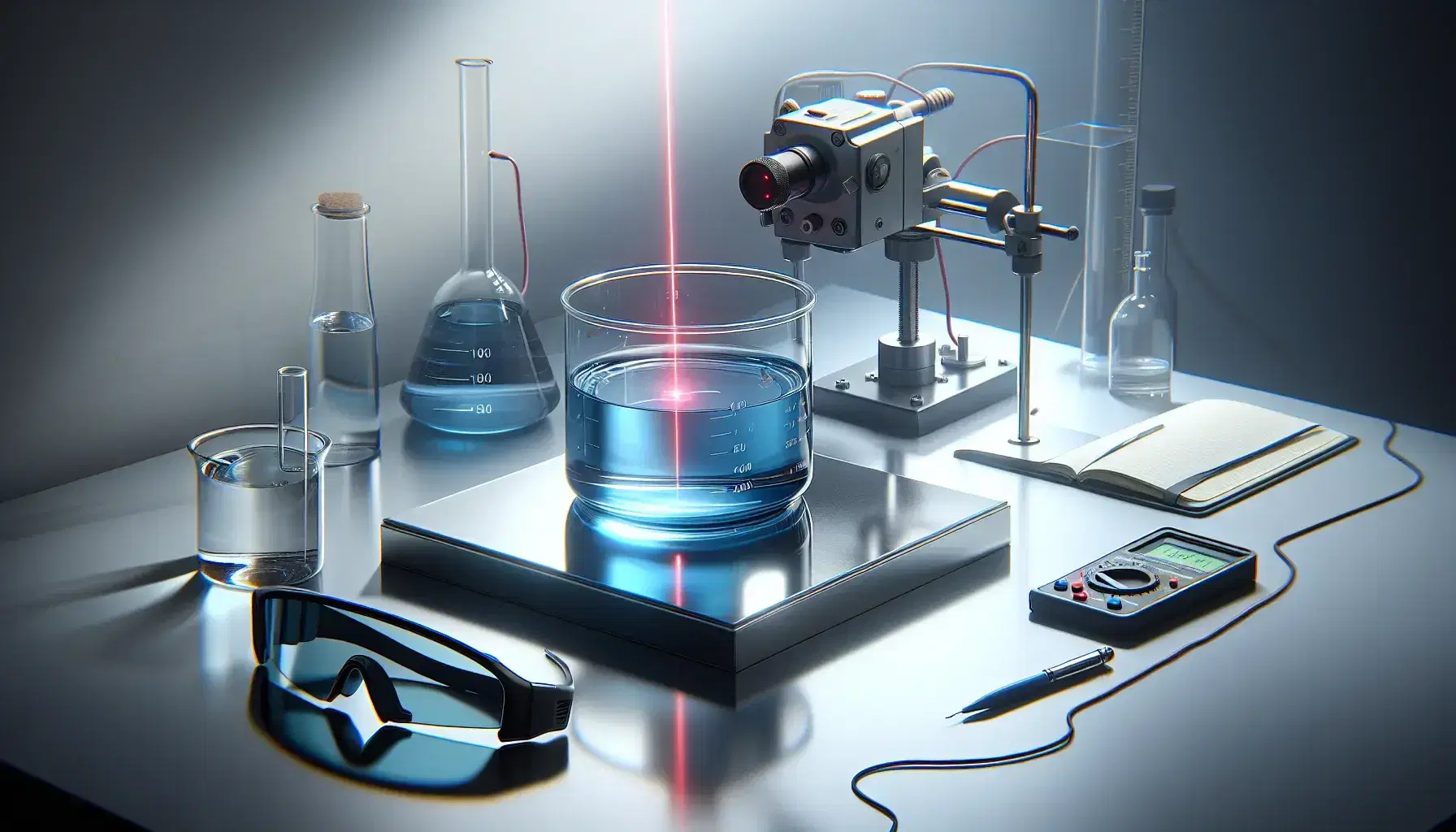 Laboratory setup with a laser beam striking a blue liquid in a glass container, surrounded by goggles, a notebook, pen, and a digital multimeter on a metal table.