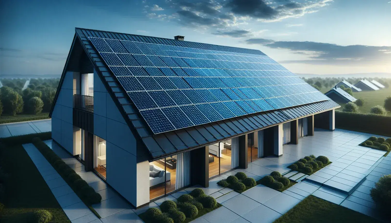 Pannelli fotovoltaici blu scuro su tetto inclinato di casa moderna con pareti bianche e grandi finestre, cielo sereno in sfondo.