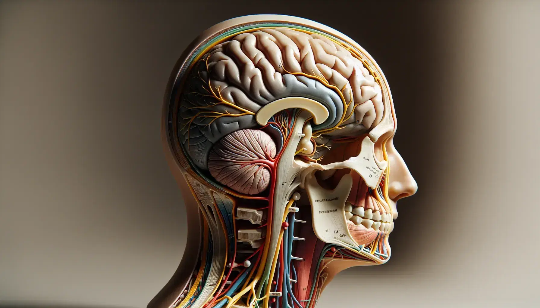 Modelo anatómico tridimensional de una cabeza humana seccionada mostrando el cerebro y nervios craneales en colores vivos sobre fondo uniforme.
