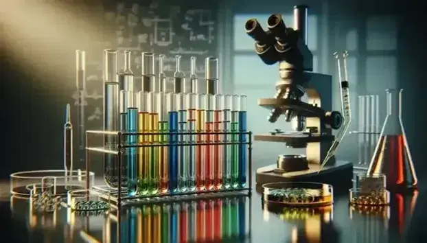 Tubos de ensayo con líquidos de colores del arcoíris en soporte metálico y microscopio de laboratorio al fondo, junto a una placa de Petri y pipeta con líquido amarillo.