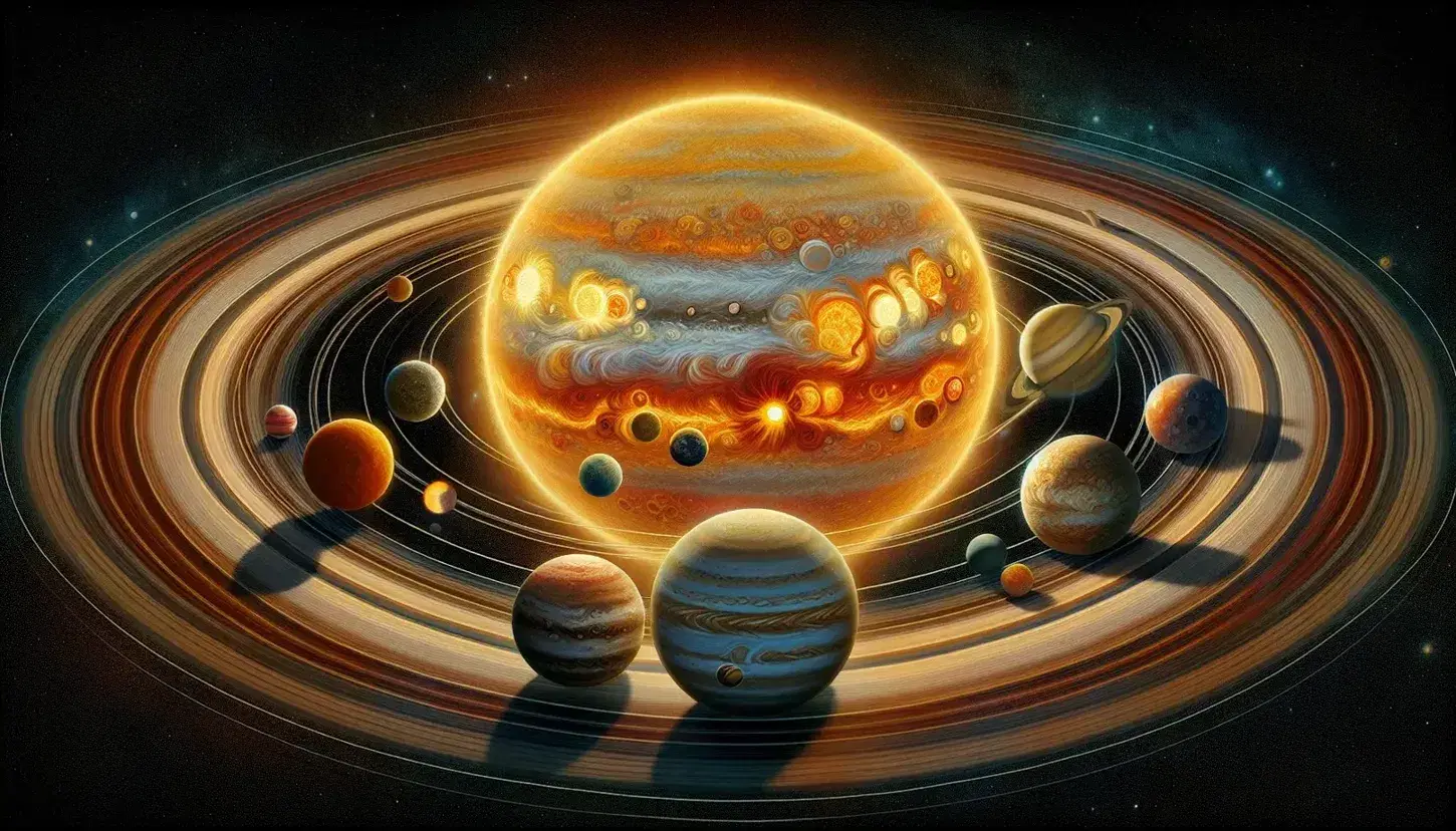 Rappresentazione artistica del sistema solare con il Sole al centro e otto pianeti in orbita su sfondo stellato.