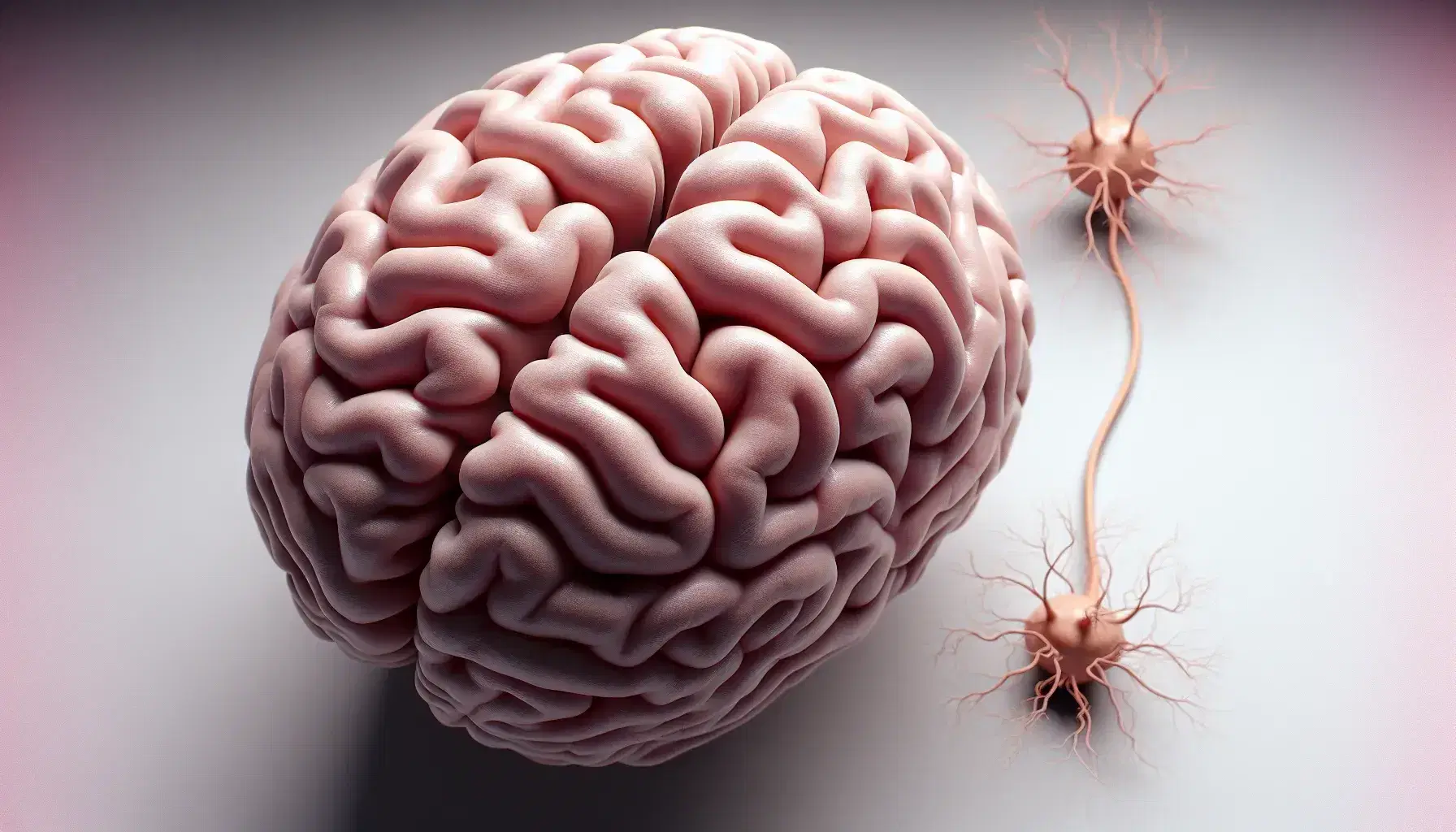 Vista superior de un cerebro humano realista con hemisferios, fisura longitudinal, convoluciones y tronco encefálico, junto a una neurona tridimensional con dendritas y axón.