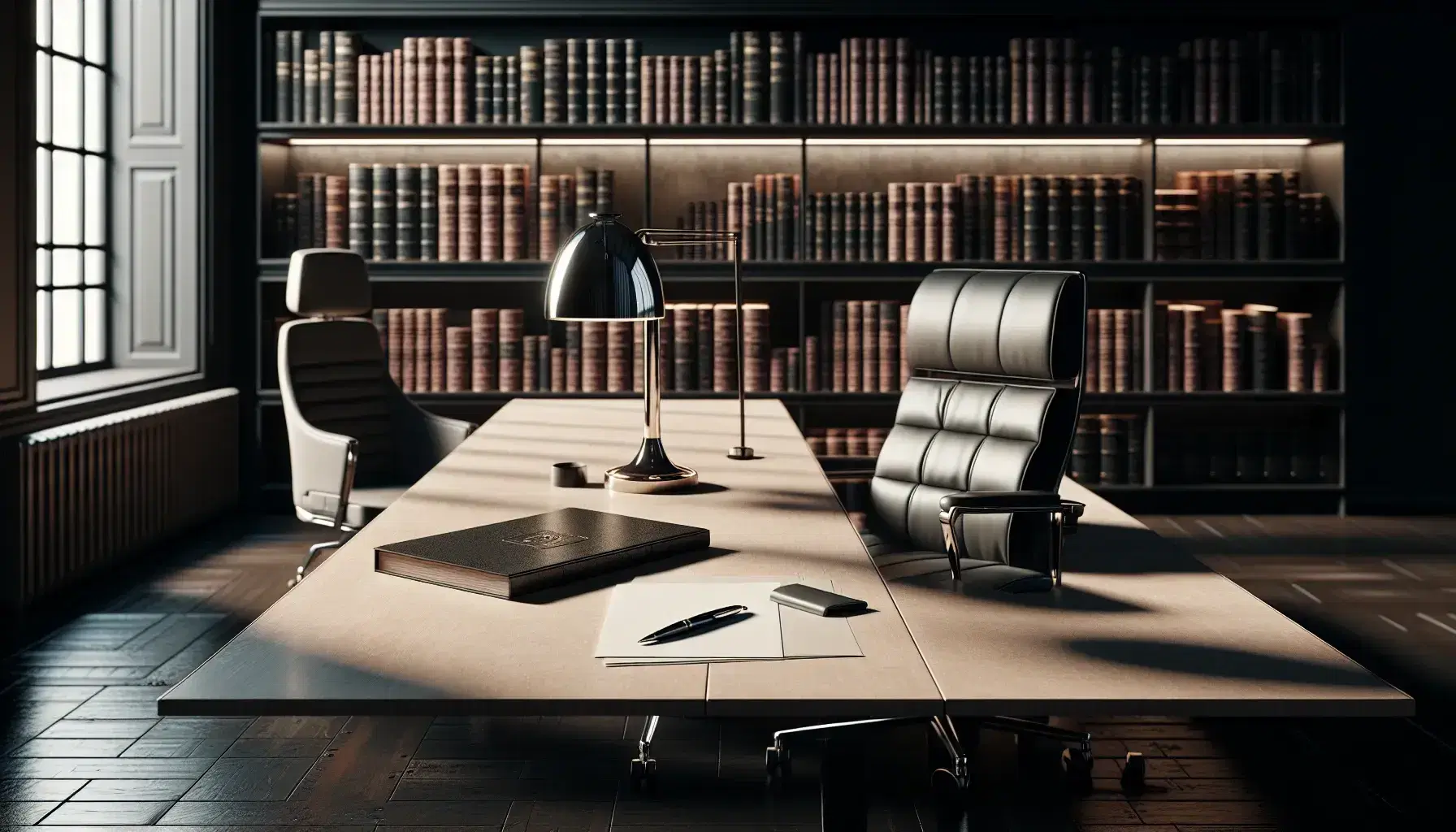 Ufficio moderno con tavolo in legno chiaro, sedie ergonomiche, penna elegante, foglio A4, lampada da tavolo e libreria con volumi rilegati.