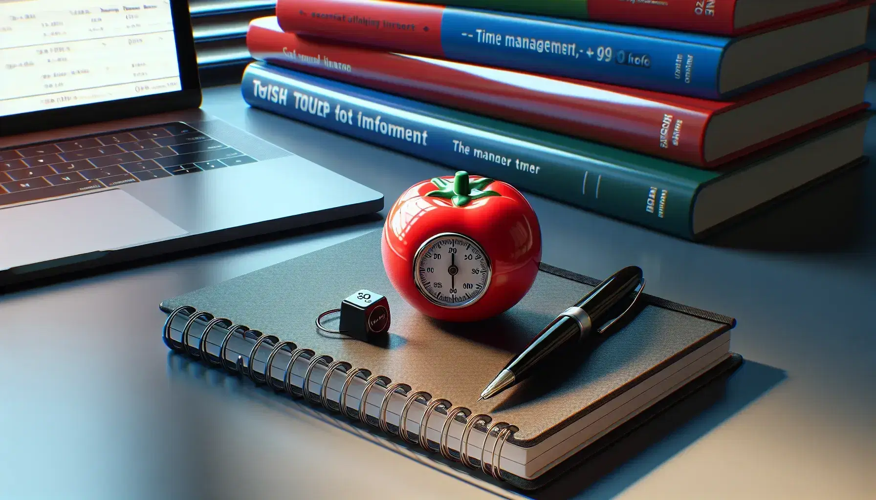 Timer da cucina a forma di pomodoro su scrivania ordinata con libri colorati, penna stilografica, quaderno e laptop con app di gestione tempo.
