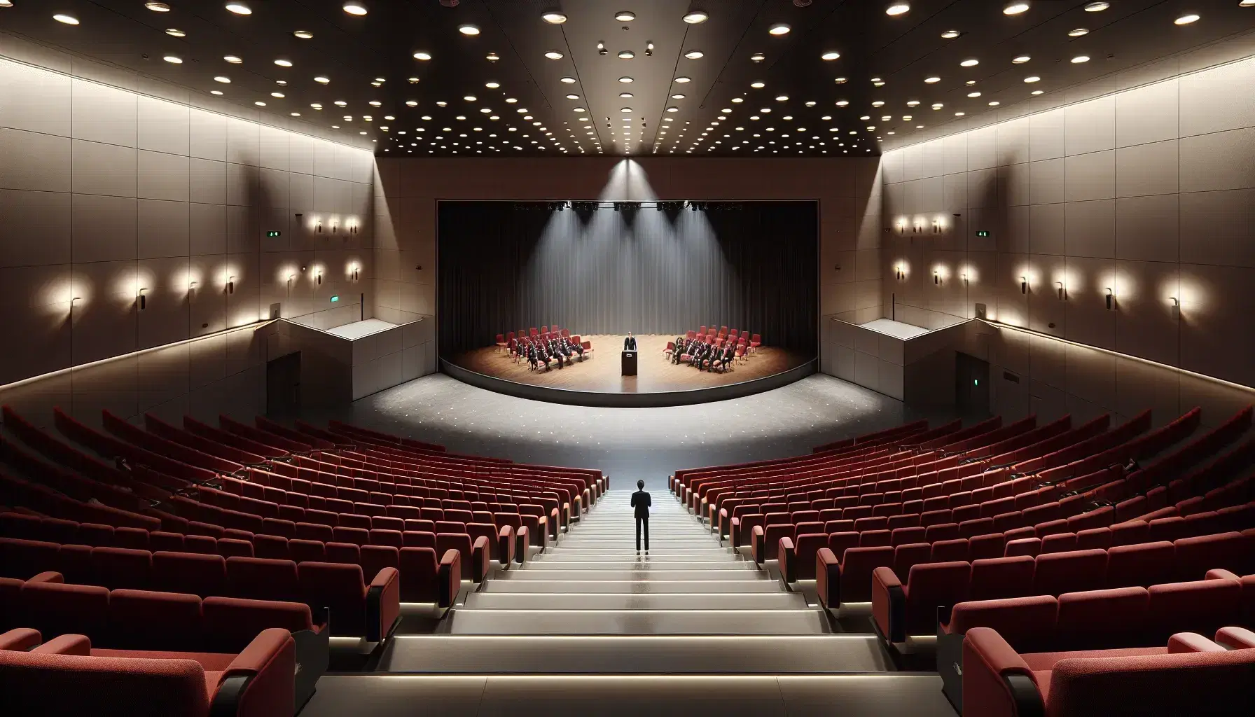 Auditorio moderno con asientos rojos y escenario iluminado, podio de madera y orador de espaldas en ambiente profesional y sin público.