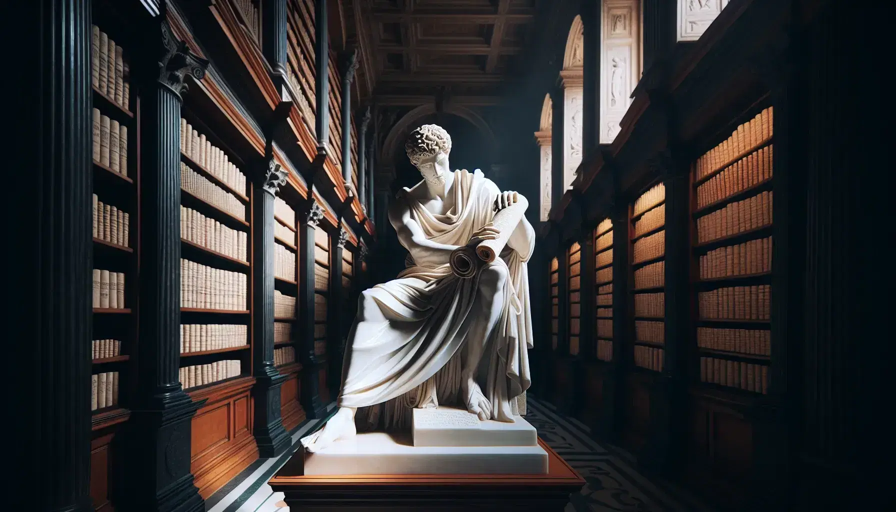 Statua in marmo di filosofo romano antico seduto con toga, papiro e stilo, in biblioteca classica illuminata da luce naturale.
