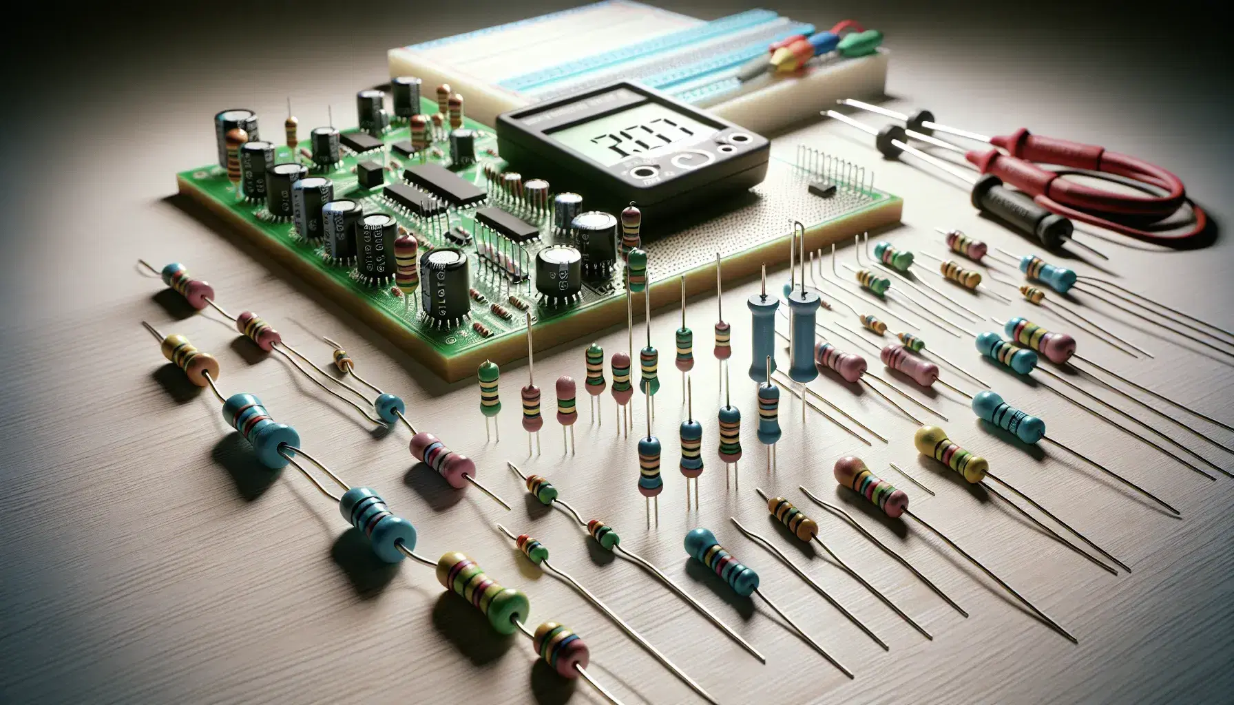 Componentes electrónicos en superficie de madera con placa de circuito impreso verde, resistencias, capacitores azules y multímetro digital negro.