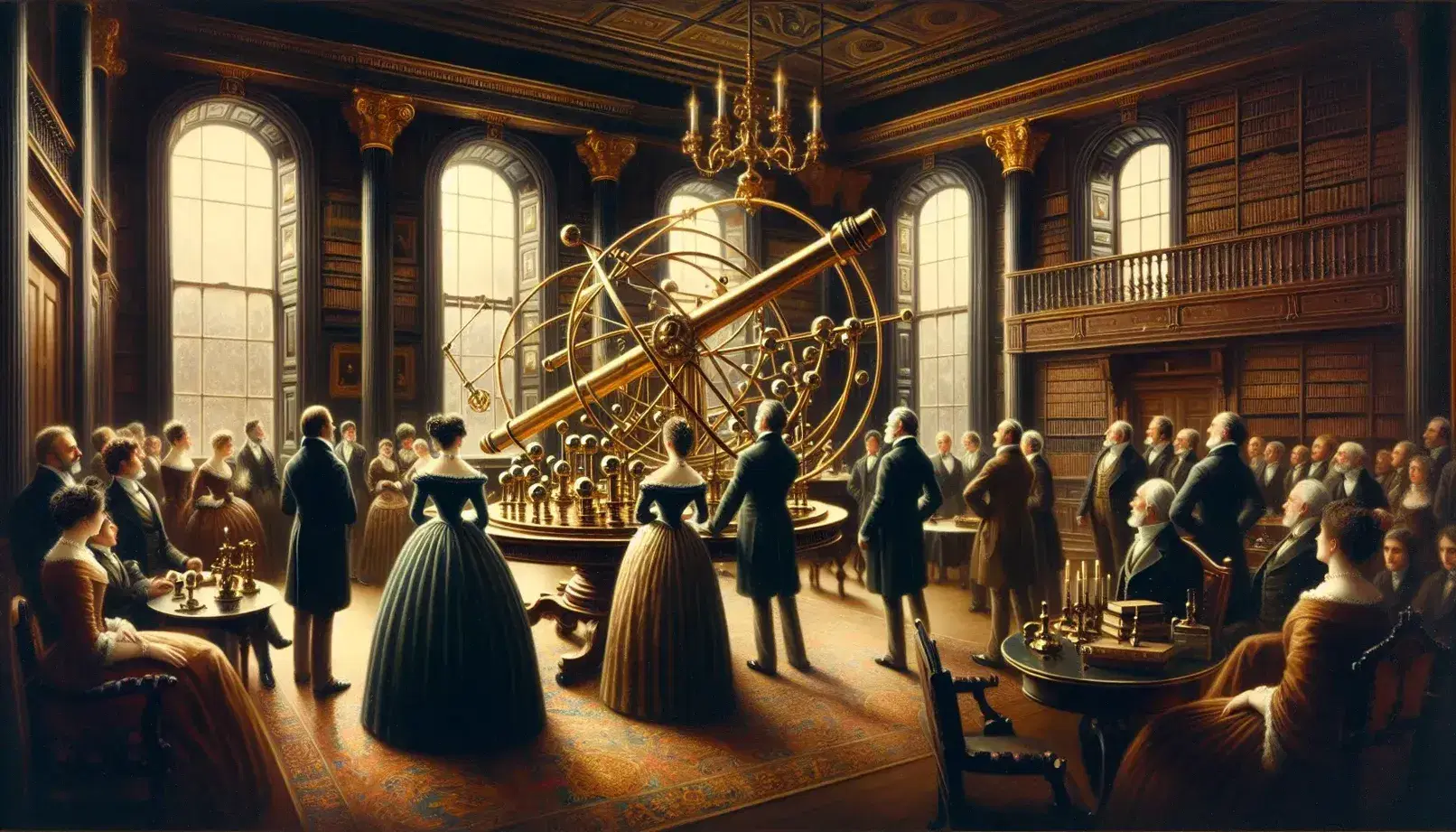 Grupo de personas con vestimenta del siglo XIX observando un gran telescopio de latón en un salón decorado con libros y modelos geométricos.