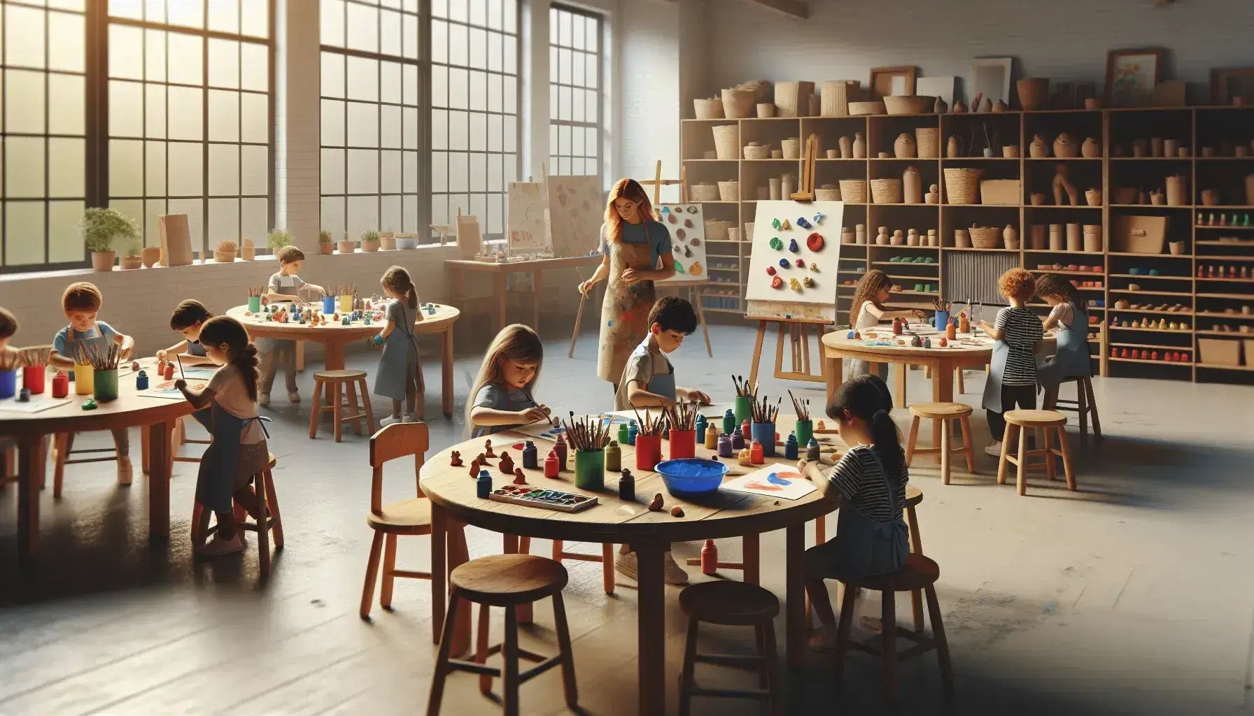 Aula de arte luminosa con niños creando con pinturas y arcilla, estantes con materiales y profesora supervisando.