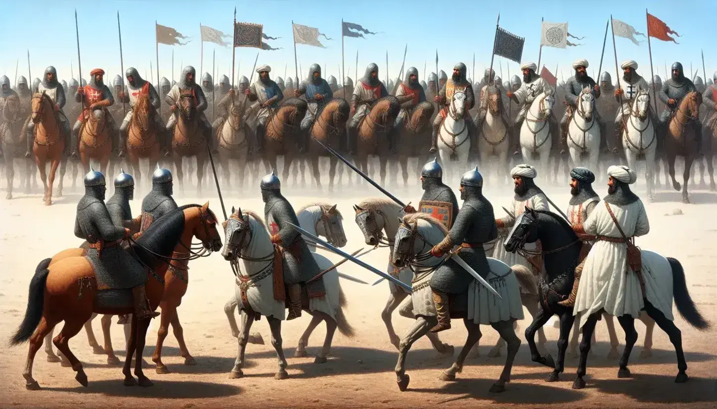 Knights in chainmail on horseback face Muslim warriors with curved swords and shields during a Third Crusade battle under a clear sky.