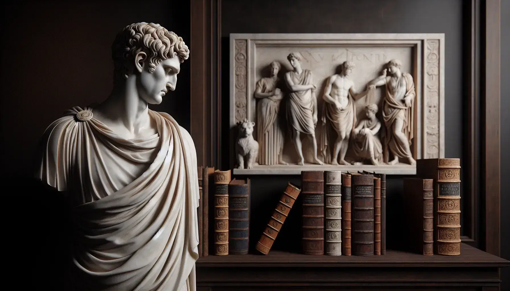 Statua in marmo di figura maschile romana pensierosa con toga, libri antichi in pelle sullo sfondo e bassorilievo mitologico a destra.