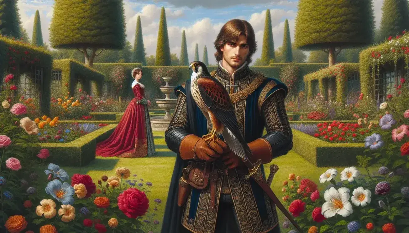 Cavaliere medievale con falcone su guanto in giardino fiorito, dama in abito rosso osserva ammirata, cielo azzurro e ruscello cristallino.