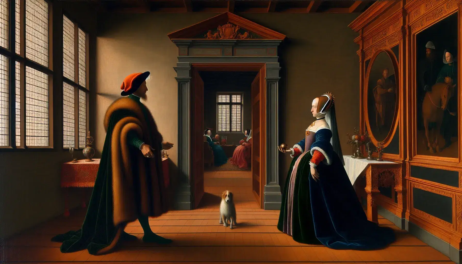 Riproduzione del dipinto 'Il Matrimonio Arnolfini' di Jan van Eyck con coppia in abiti storici, specchio convesso e dettagli d'epoca in interni.