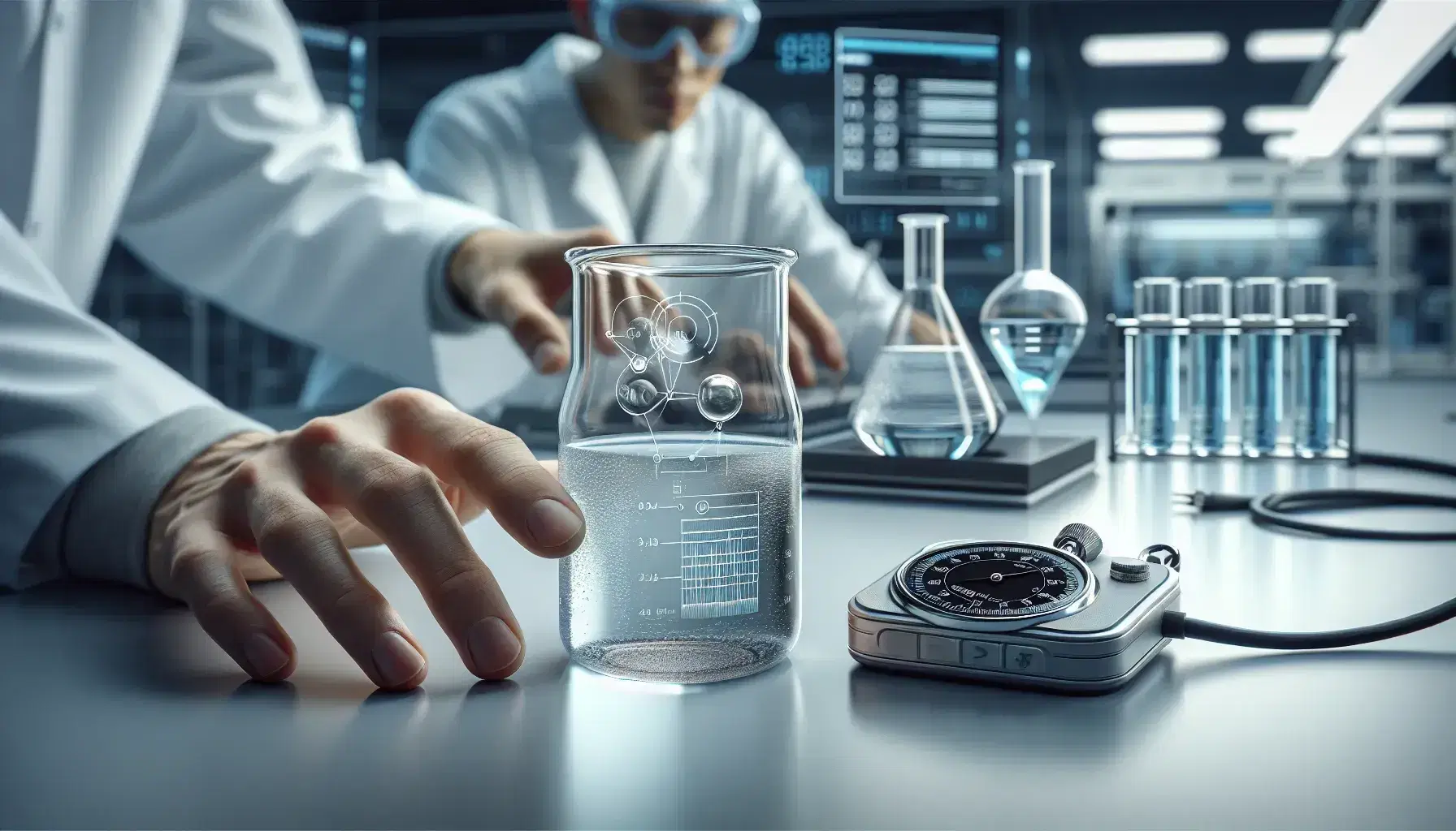 Scientist in white coat with clipboard and researcher adjusting digital equipment in laboratory, beaker and stopwatch in foreground, plants in background.