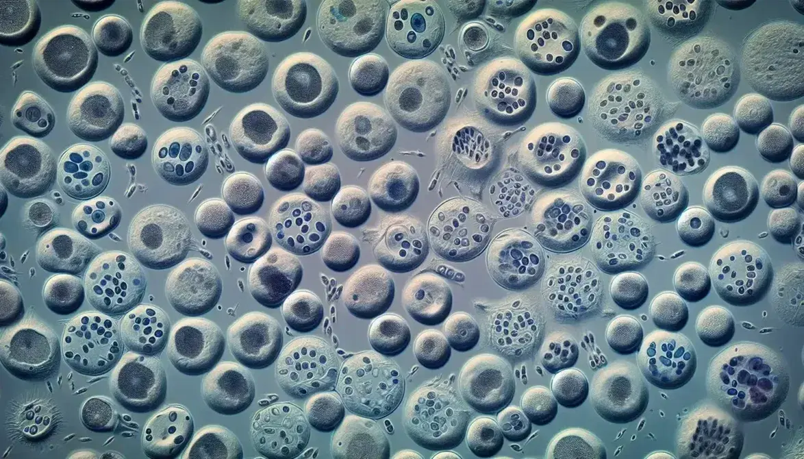 Cellule in fasi diverse del ciclo cellulare al microscopio ottico, colorate per evidenziare nuclei e cromosomi durante mitosi.