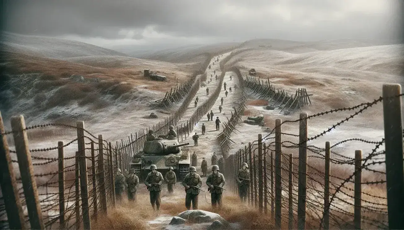 Barbed wire fences stretch across a hilly landscape with patrolling 1950s soldiers and a rusted Korean War tank under a stormy sky.
