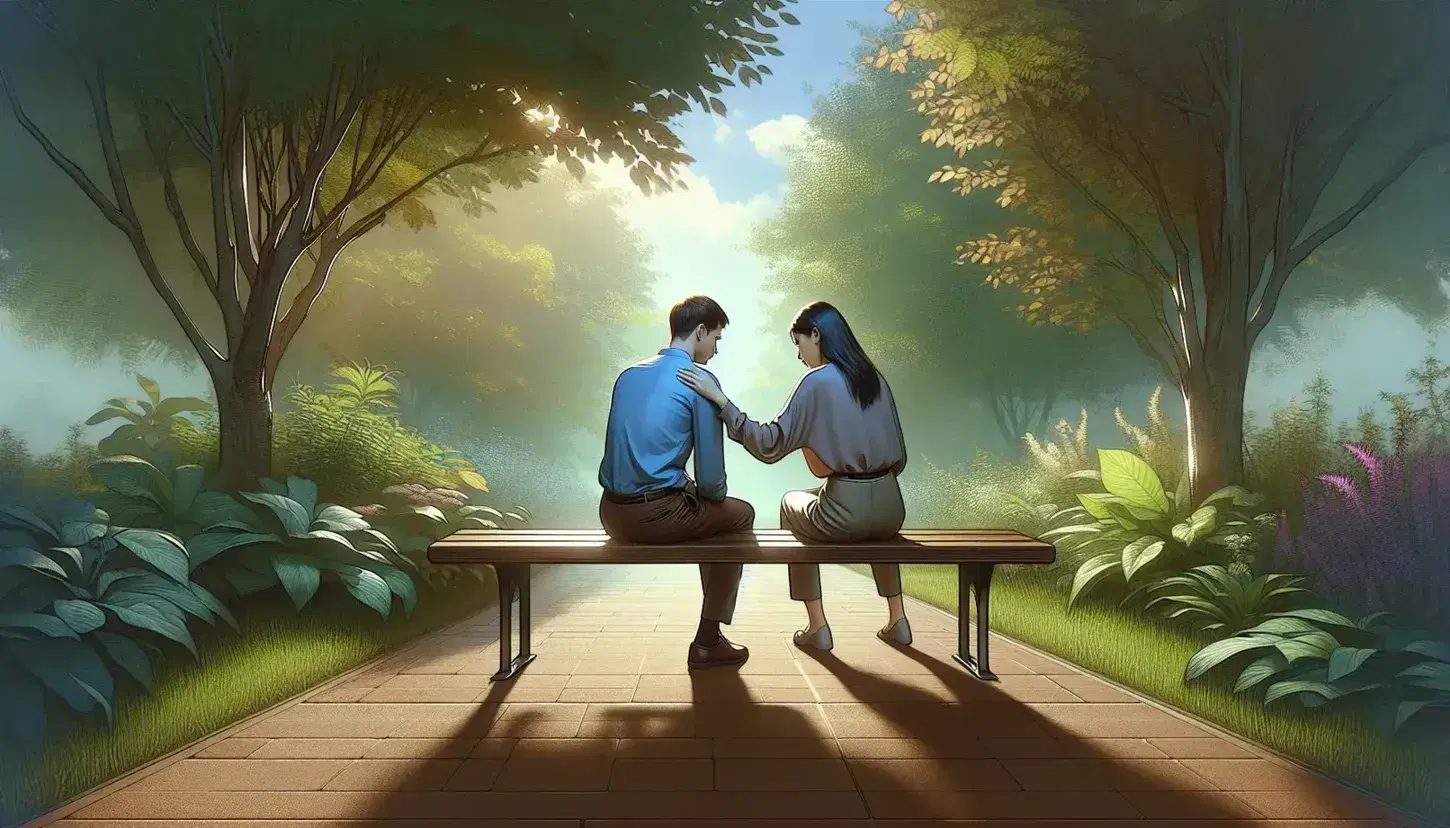 Two people sit on a wooden bench in a serene park, one comforting the other with a supportive hand on their shoulder amid lush greenery.