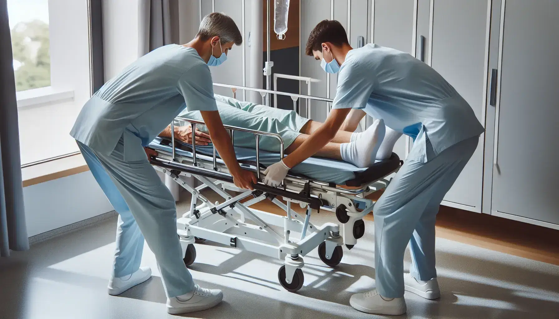 Profesionales de la salud trasladando paciente de camilla a silla de ruedas en hospital, con técnica de levantamiento seguro y colaboración del paciente.