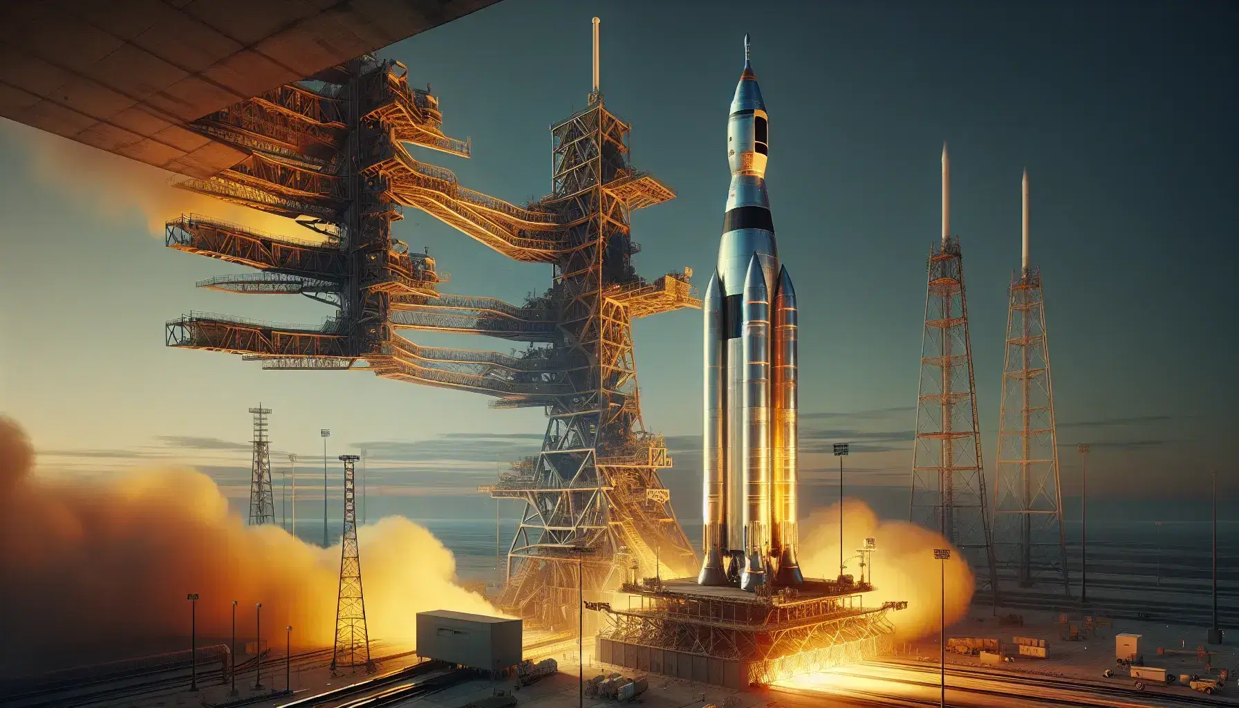Historic rocket poised for launch at dawn, with golden light reflecting off its structure, surrounded by a service gantry and billowing smoke.