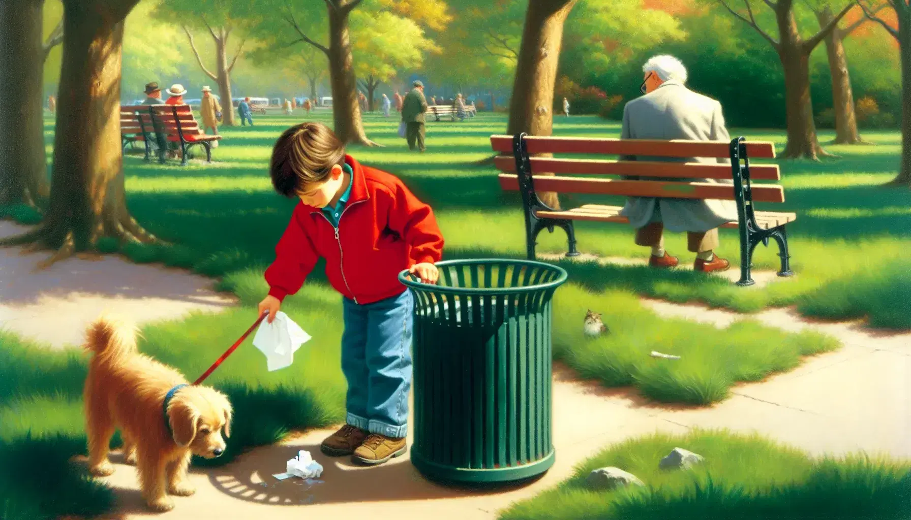 Child in red jacket collects paper from the lawn with brown dog on a leash, elderly man on bench observes, blue sky with clouds.