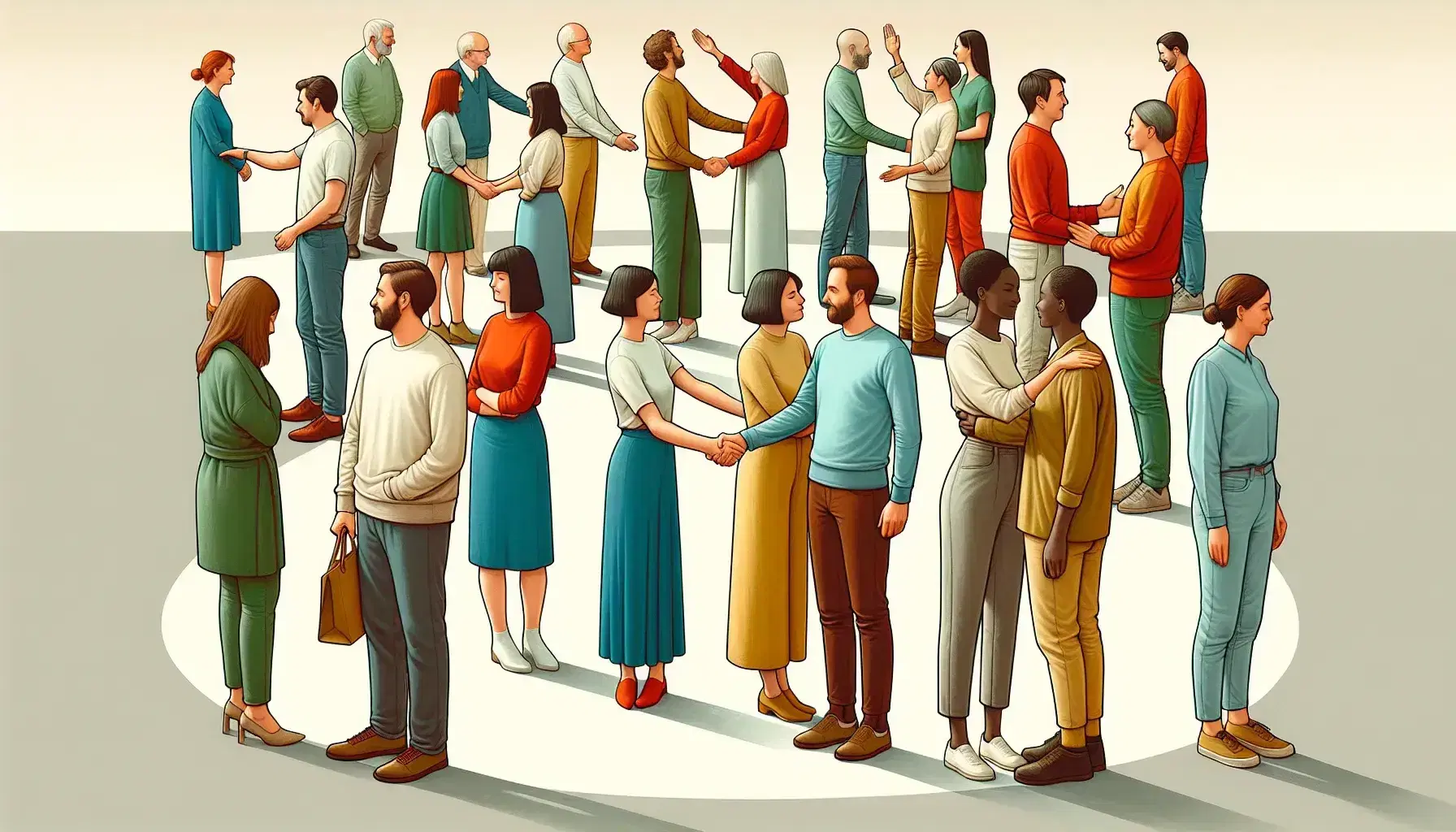 Grupo diverso de personas en distintas posturas de saludo, con un apretón de manos en el centro, en un ambiente cálido y sin distracciones visuales.