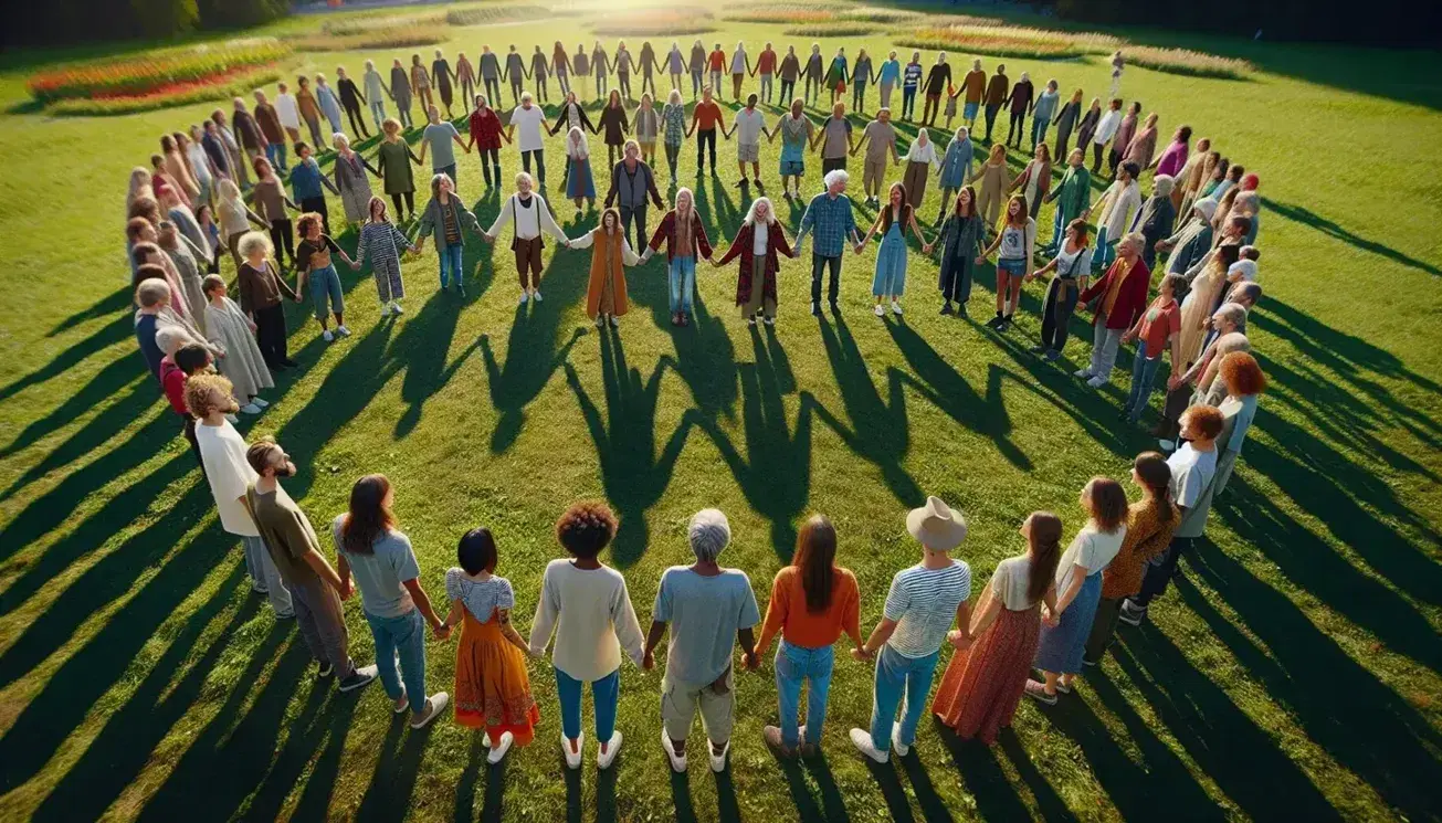 Gruppo multietnico di persone che si tengono per mano in cerchio su erba verde in una giornata soleggiata, con alberi e cielo azzurro sfocati sullo sfondo.