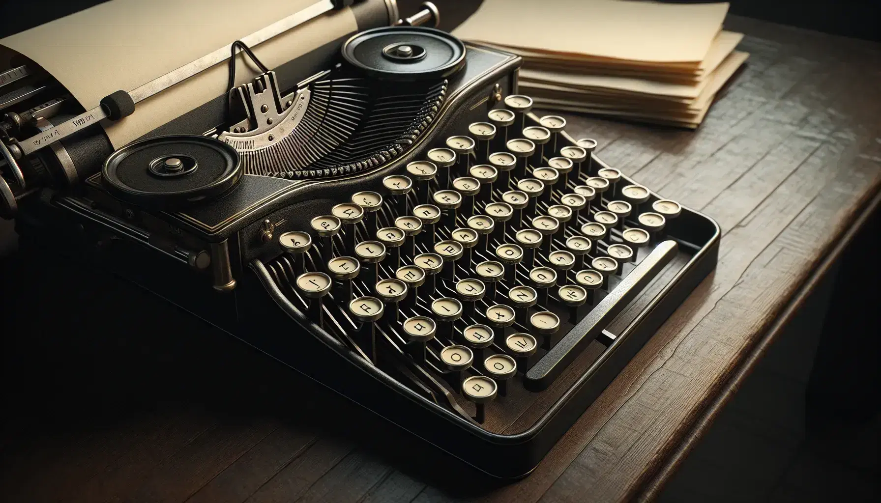 Antique French AZERTY typewriter with glossy ivory keys on a dark wooden desk, accompanied by a blurred stack of cream paper in the background.
