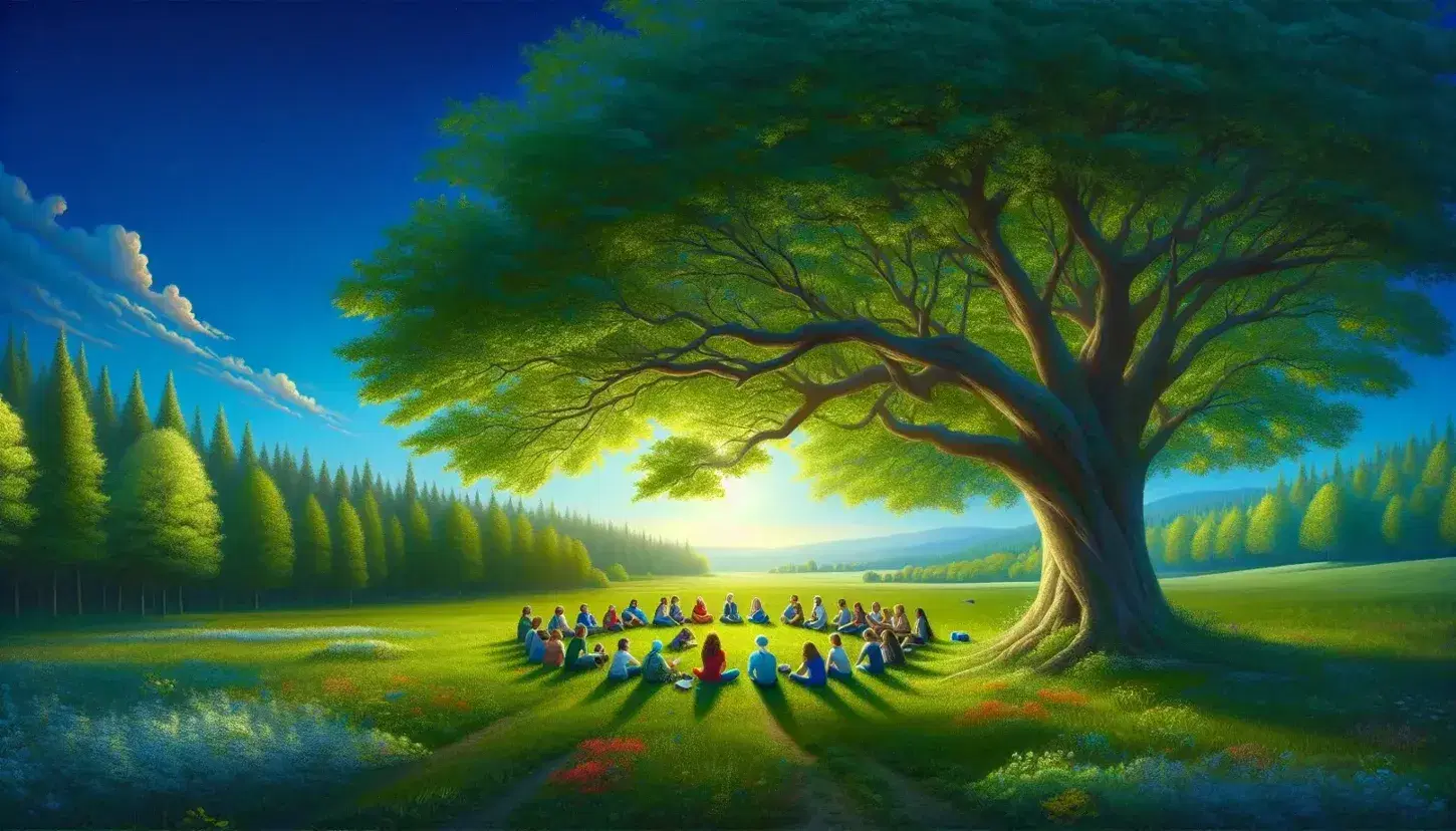 A lush green lawn with a flowering tree under a blue sky, people in a circle talking and listening without electronics.