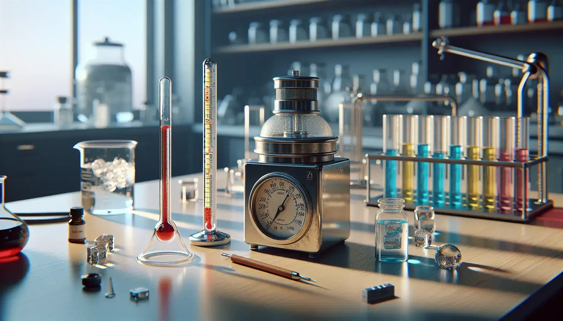 Laboratorio científico con termómetro de mercurio, calorímetro de acero, vaso con agua y hielo, y tubos de ensayo con líquidos de colores.