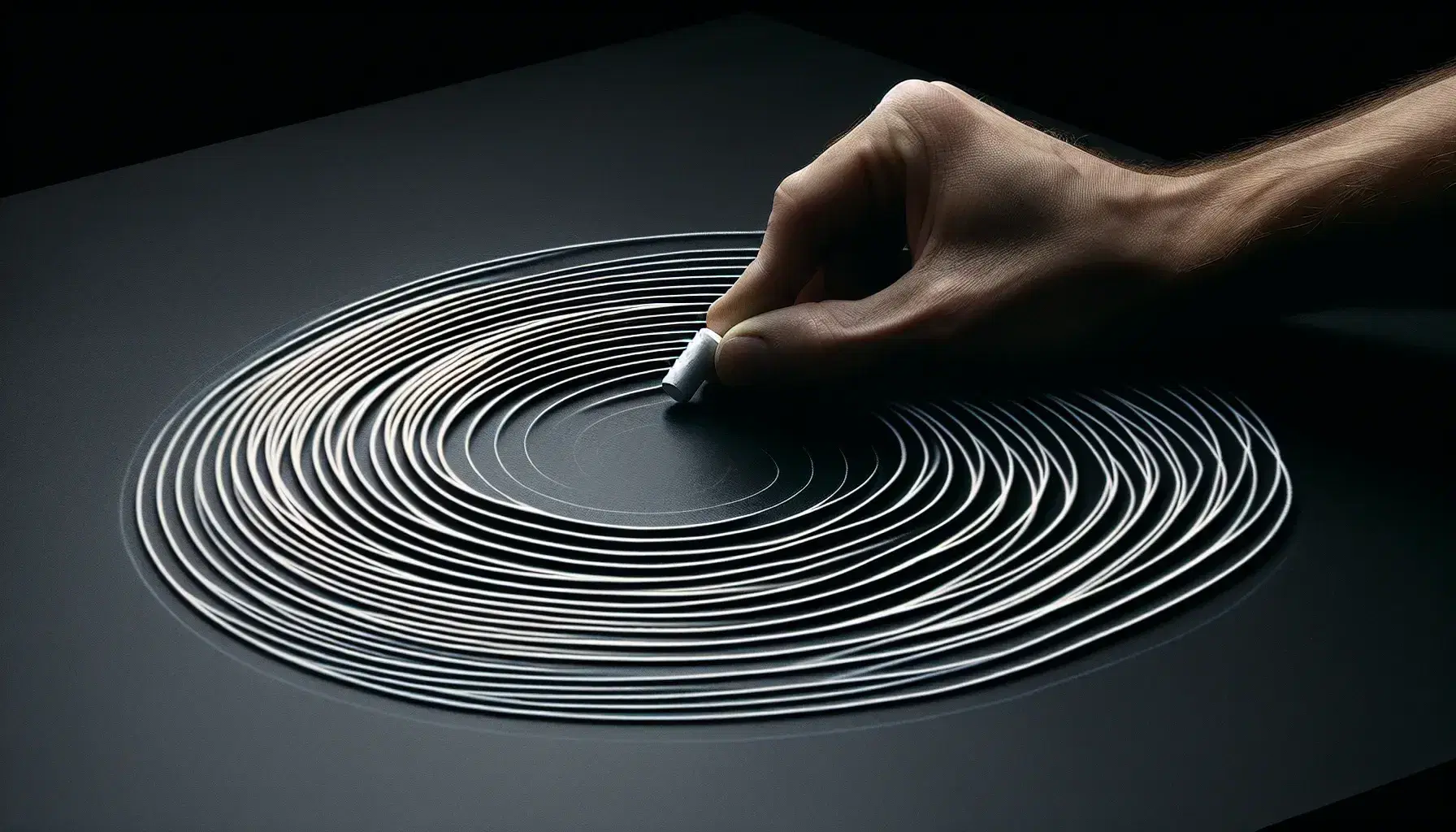 Hand drawing concentric arcs with white chalk on a blackboard, creating a ripple effect, with a focus on the precise, reflective chalk lines.