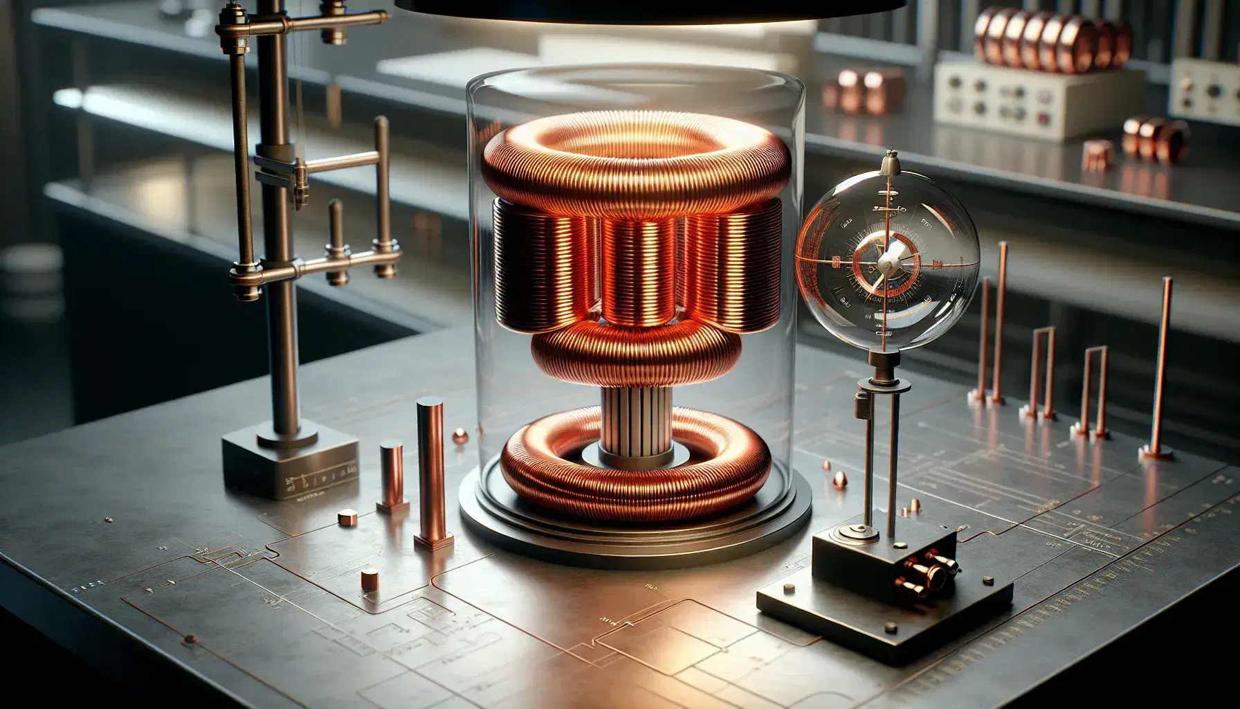 Laboratory setup with a copper coil solenoid, magnetic compass, and levitating metallic sphere, surrounded by safety equipment.