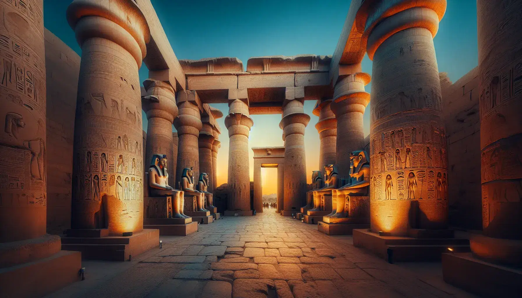 Facciata del Tempio di Luxor in Egitto illuminata dal tramonto con colonne incise e statue di faraoni seduti sotto un cielo sfumato.