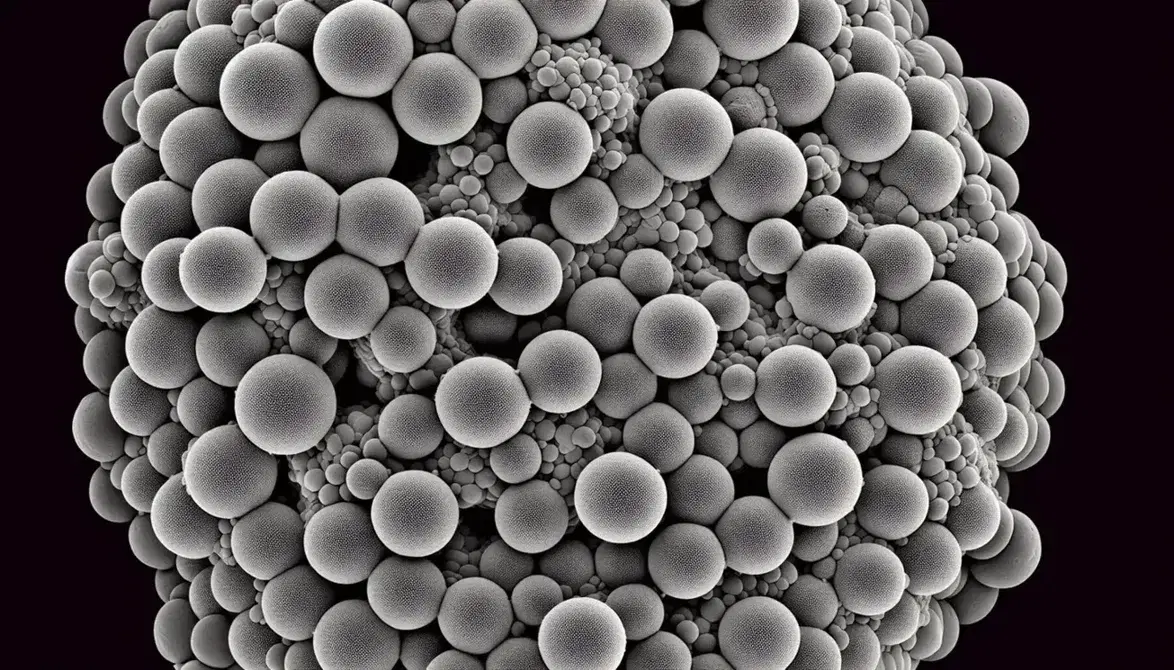 Microscopía electrónica de transmisión mostrando estructuras esféricas y elongadas en matriz granular, distribución aleatoria, en escala de grises.