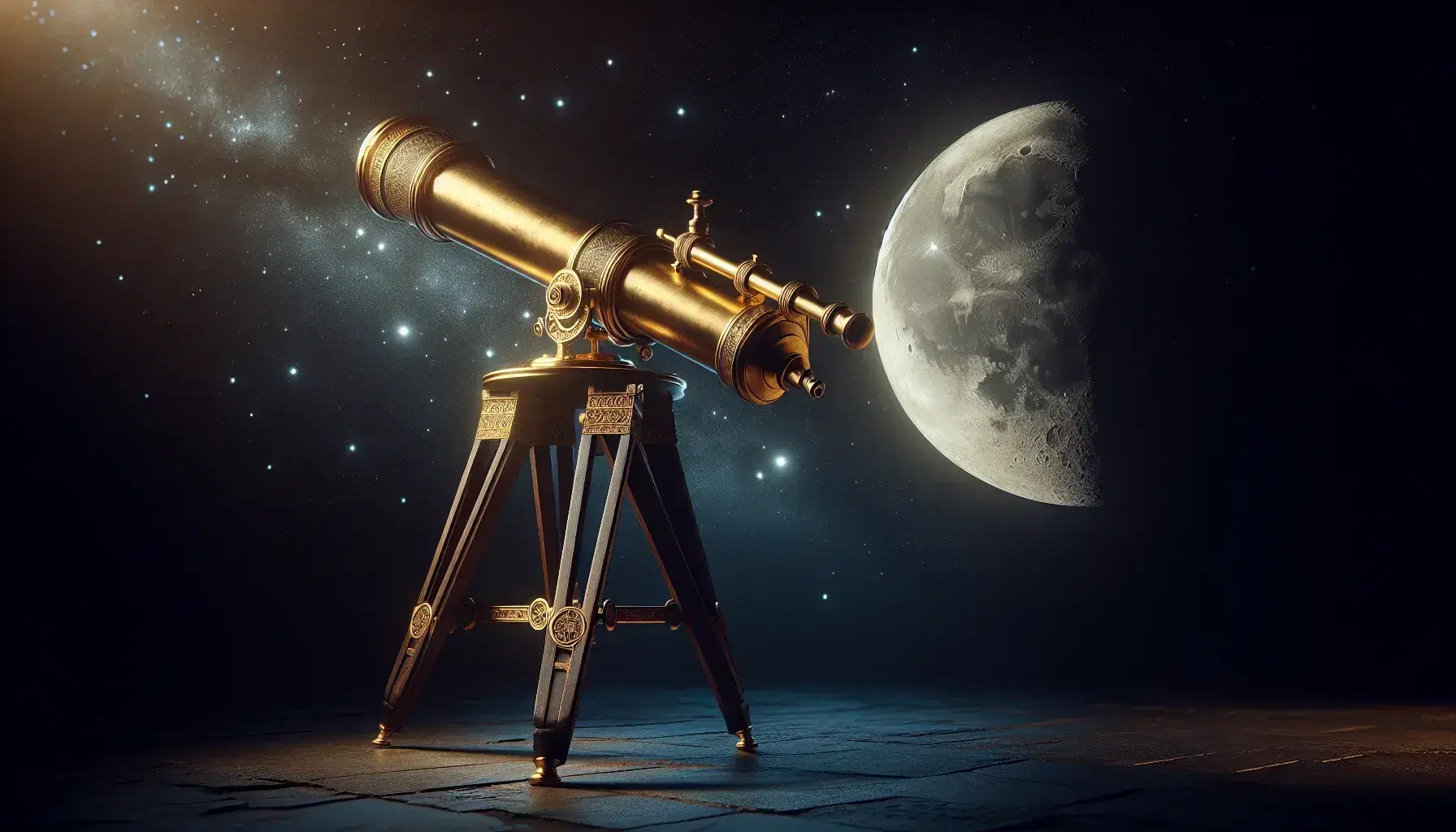 Antiguo telescopio de latón sobre trípode de madera, apuntando hacia un cielo nocturno estrellado con luna creciente.