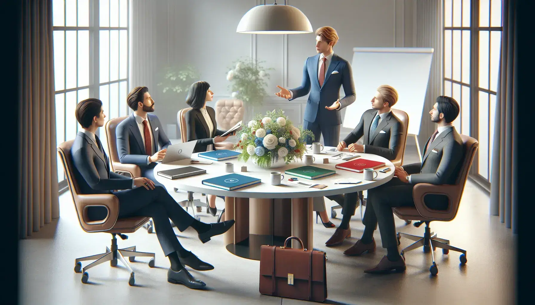 Cuatro profesionales en reunión de trabajo alrededor de una mesa redonda con laptop, cuadernos y tazas de café, en una sala iluminada con ventana grande.