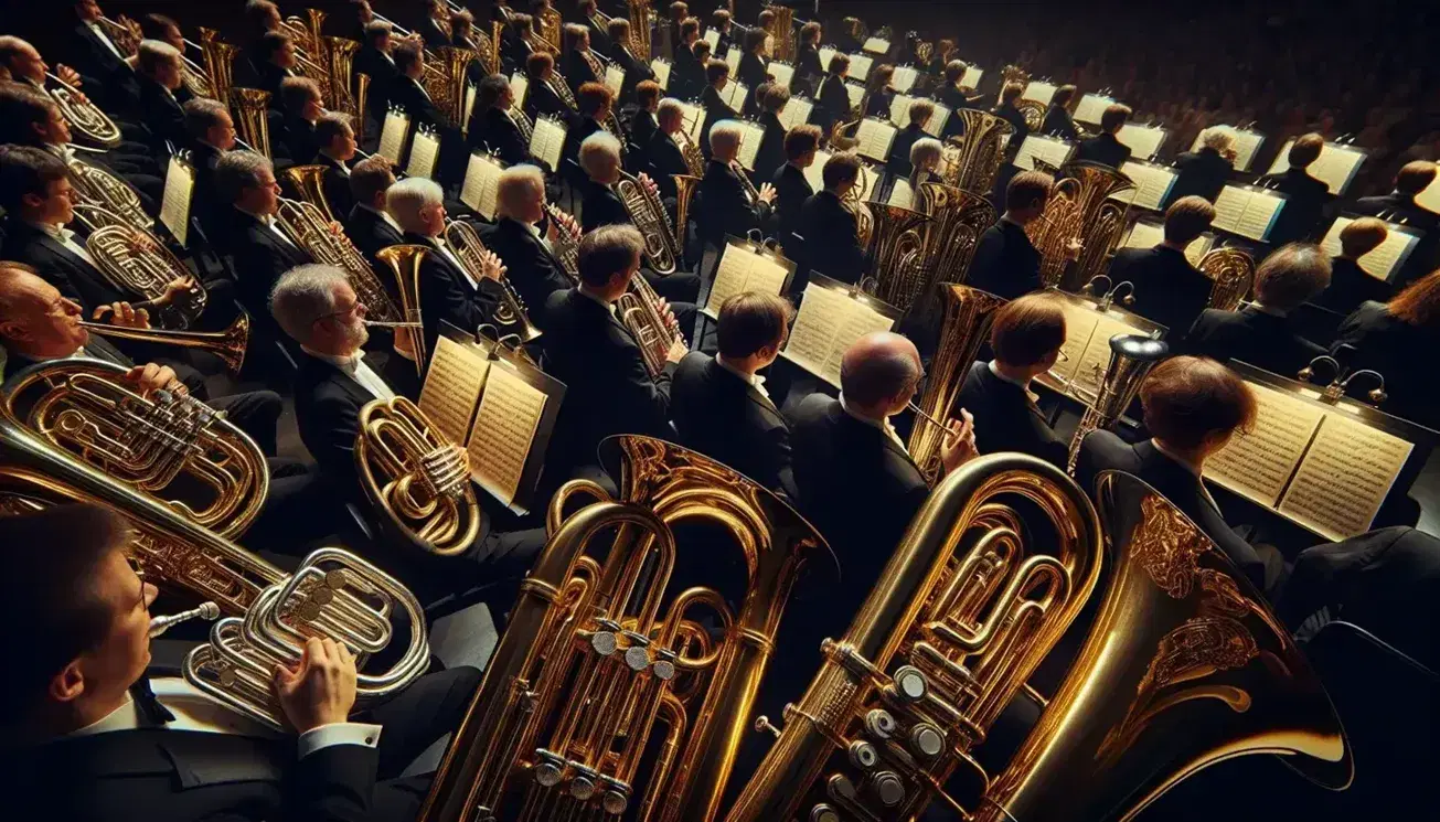 Orchestra sinfonica in esecuzione con enfasi sui fiati, tra cui ottoni lucenti e legni scuri, in abiti formali sotto luce soffusa.