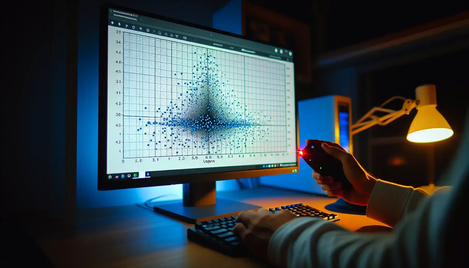 Scatter plot on computer monitor with blue data points highlighted by red laser pointer, without visible labels, in dark environment.