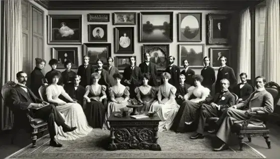 Vintage salon gathering with diverse individuals in early 20th-century attire, seated and standing in a room adorned with artwork and period furniture.