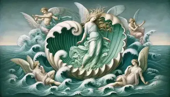 Dipinto 'La nascita di Venere' di Botticelli, con Venere su conchiglia, Zefiro e Clori a sinistra e una delle Ore a destra.