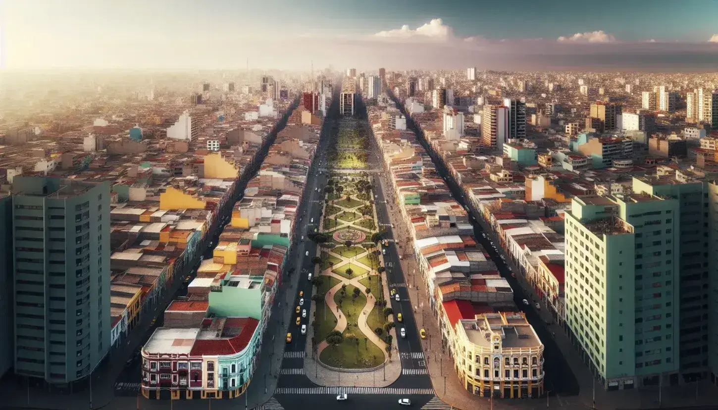 Vista aérea de ciudad latinoamericana con barrio histórico de techos rojos, expansión urbana con edificios modernos, parque central, avenidas y zonas en desarrollo, rodeada de colinas y montañas.