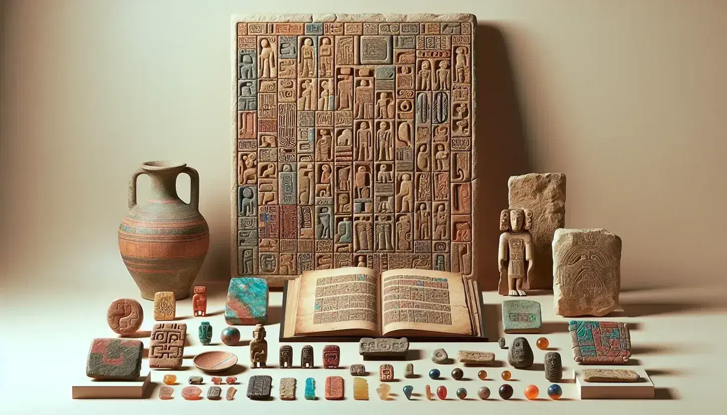 Estela de piedra con relieves geométricos, jarrón cerámico decorado y códice abierto con ilustraciones, acompañados de cuentas de piedra y tallas de jade.