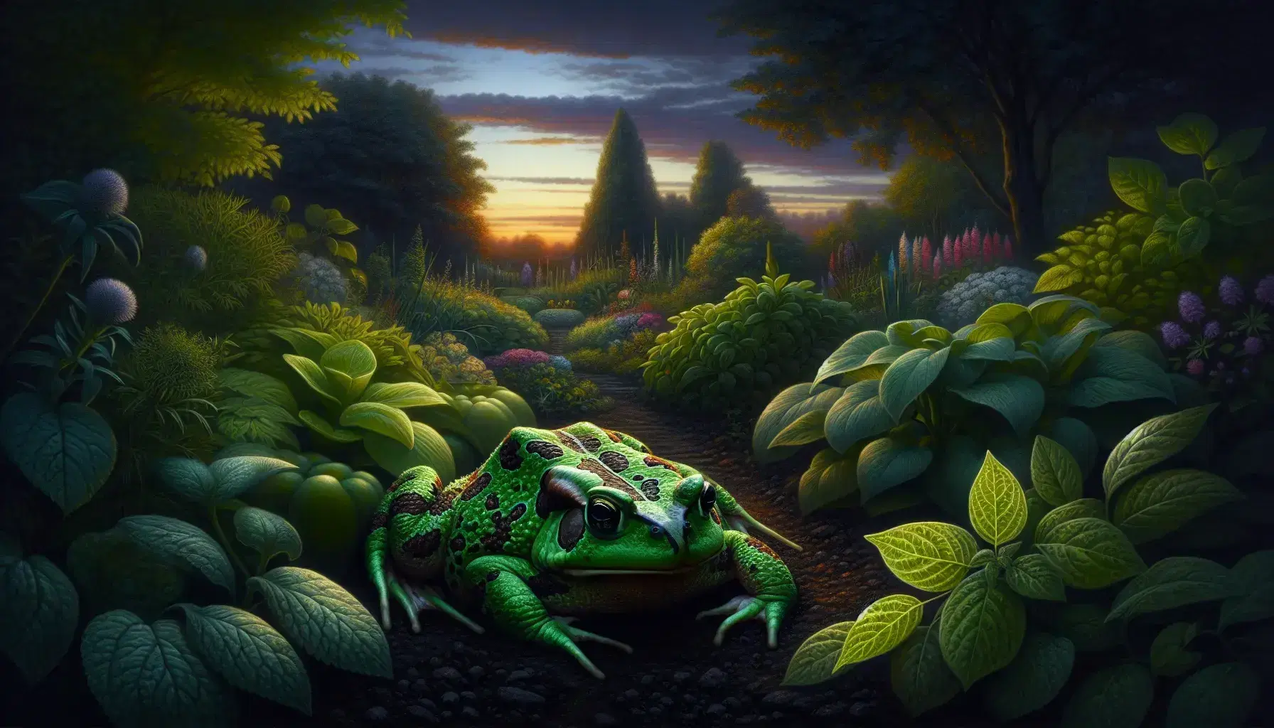 Twilight garden scene with a green and brown mottled toad nestled in foliage, reflecting sunset hues from a dusky purple sky.