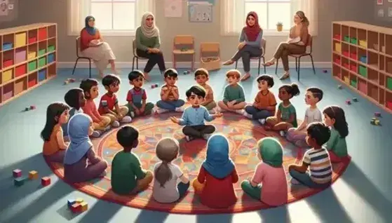 Diverse group of children engaged in a discussion on a colorful classroom rug, with a teacher observing, and educational toys scattered around.