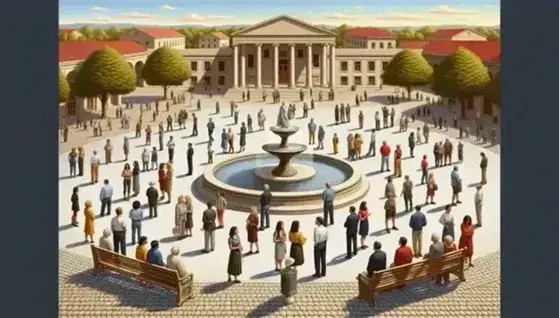 Grupo diverso de personas interactuando en plaza pública con fuente y edificios clásicos en día soleado.