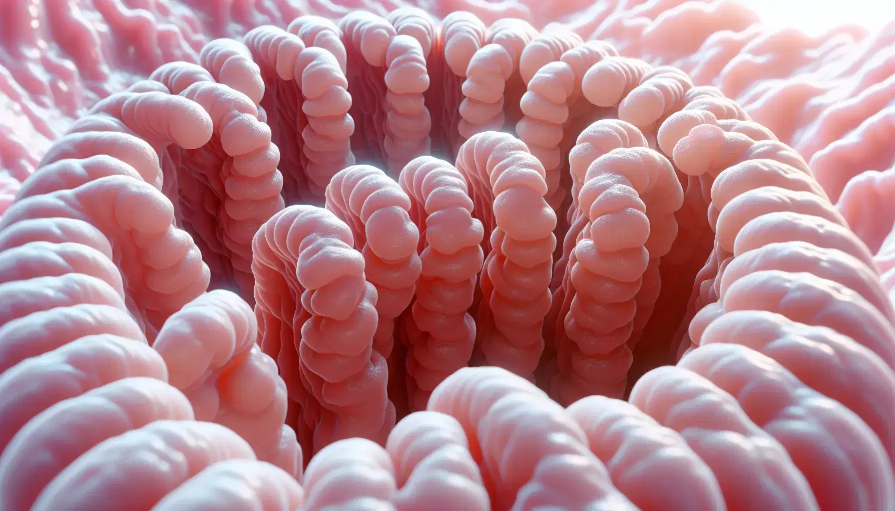 Vista detallada de la sección transversal del intestino humano mostrando las vellosidades intestinales de color rosa pálido y textura ondulada sobre tejido más oscuro.