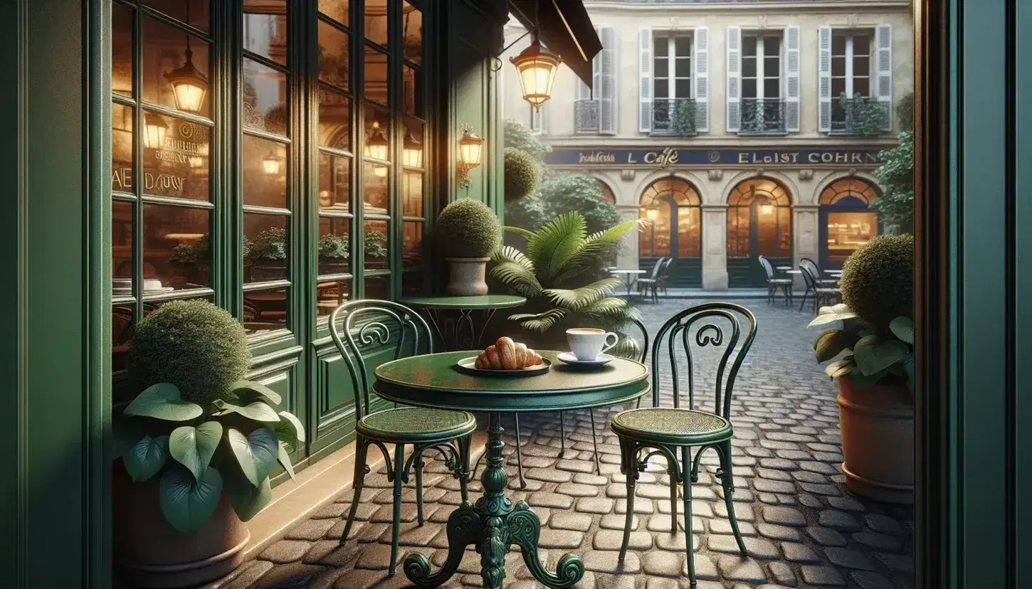 Traditional French café scene with a green wrought-iron table, porcelain cup, croissant, and cobblestone street lined with historic pastel buildings.
