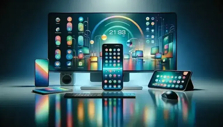 Modern electronic devices on reflective surface with smartphone displaying colorful apps, desktop with abstract wallpaper, and tablet showing shopping cart graphic, suggesting a digital commerce theme.