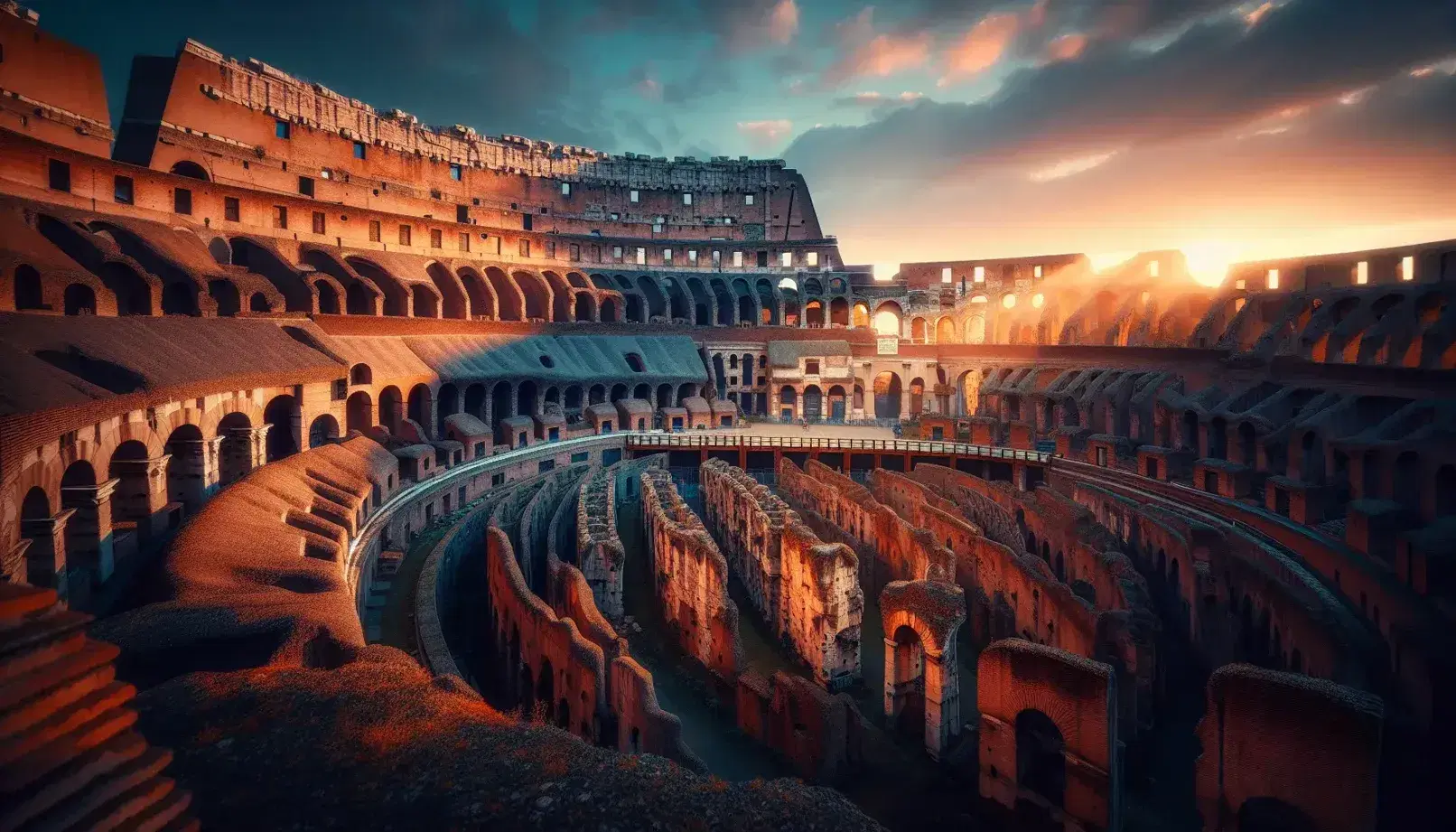 Colosseo di Roma illuminato dalla luce dorata del tramonto con cielo sfumato blu-rosa e arancione, senza persone visibili.