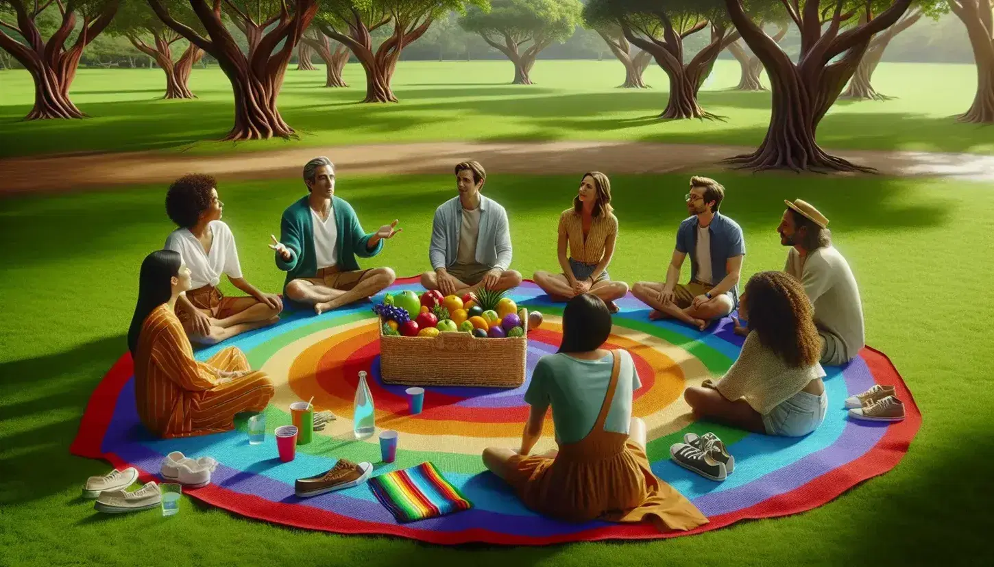 Grupo diverso disfrutando de un picnic en el parque con cesta de frutas, botella de agua y vasos de plástico, en un día soleado.